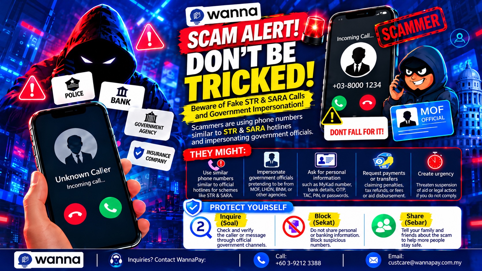Scam alert: don't be tricked. Beware of fake STR and SARA calls and government impersonation. Scammers may use phone numbers similar to official hotlines, impersonate officials from MOF, LHDN or BNM, ask for your MyKad number, bank details, OTP, TAC, PIN or passwords, request payments or transfers, and create urgency. Inquire, block and share. Inquiries: call +60 3-9212 3388 or email custcare@wannapay.com.my.